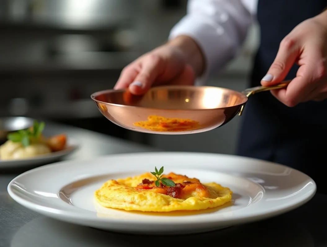 Michelin star chef sliding a delicate omelette from a copper omelette pan
