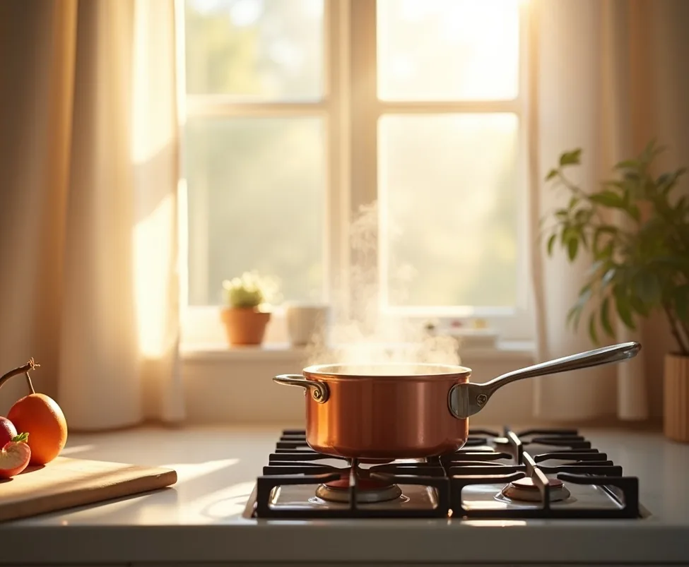 Bright morning home kitchen with sunlight and a copper saucepan simmering