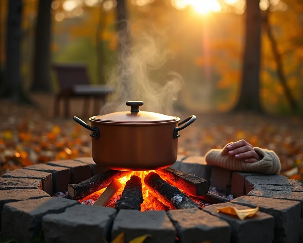 Cozy autumn outdoor scene on a stone patio with a copper saucepan over an open fire