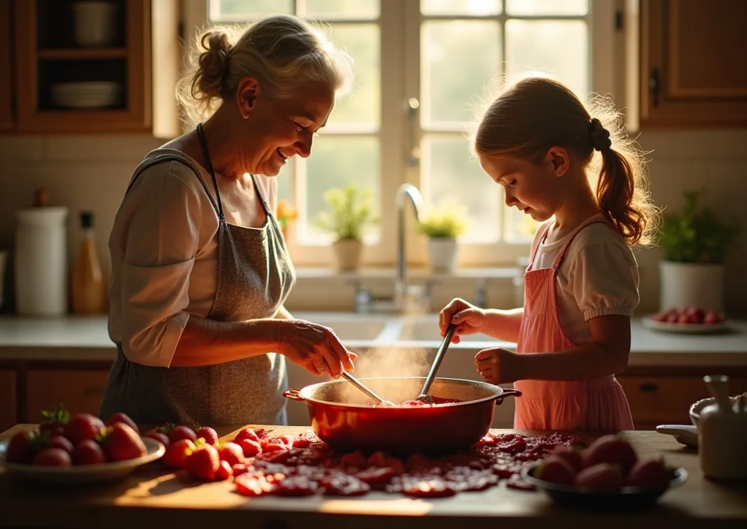 Grandmother and granddaughter making jam together in a countryside kitchen with copper cookware