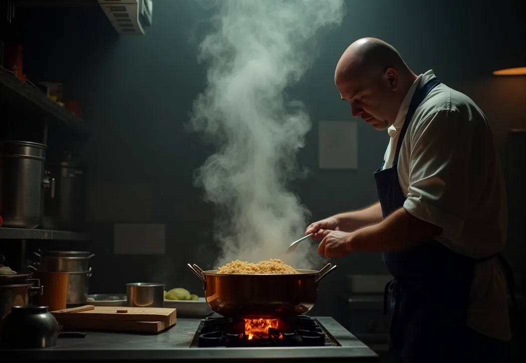 Late night professional kitchen with a copper stock pot of bubbling broth on a flame
