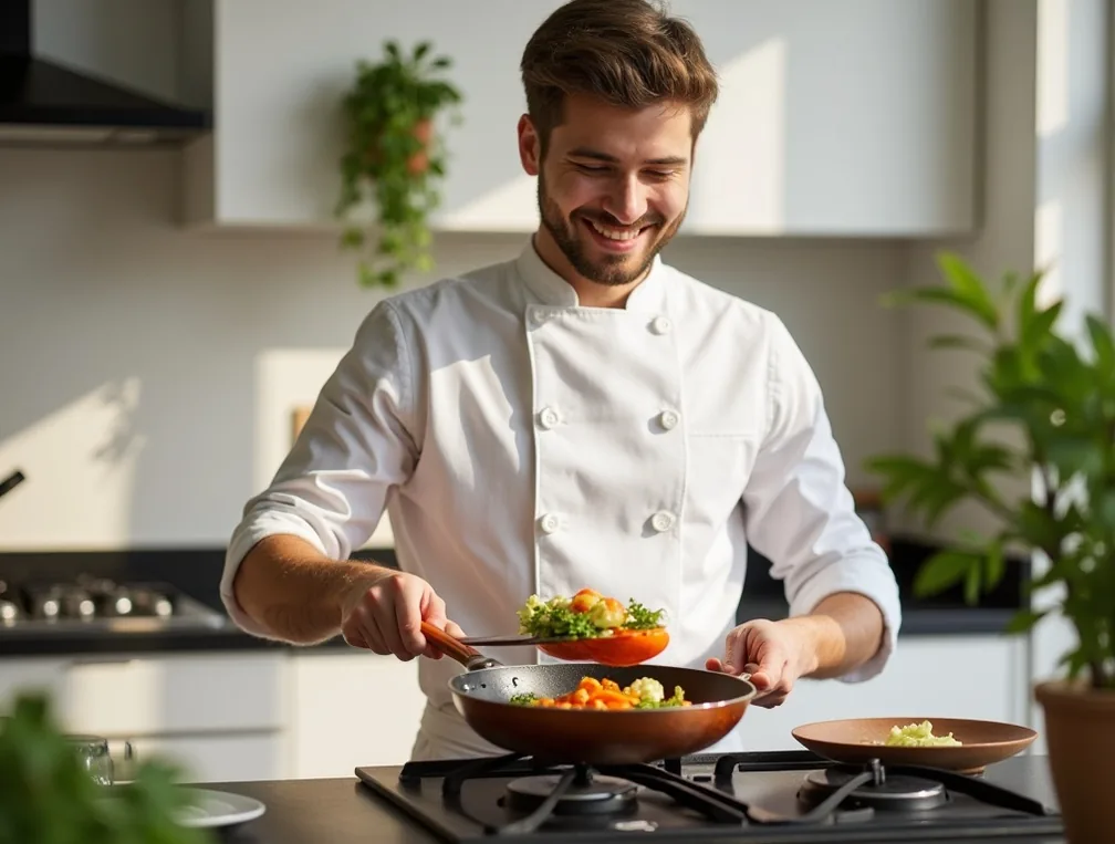 Young chef in a sunlit apartment kitchen flipping vegetables in a hammered copper frying pan