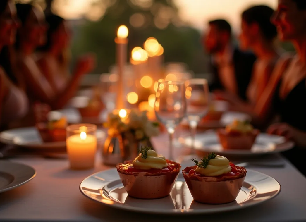 Elegant dinner party table setting at dusk with copper timbale molds presenting delicate desserts