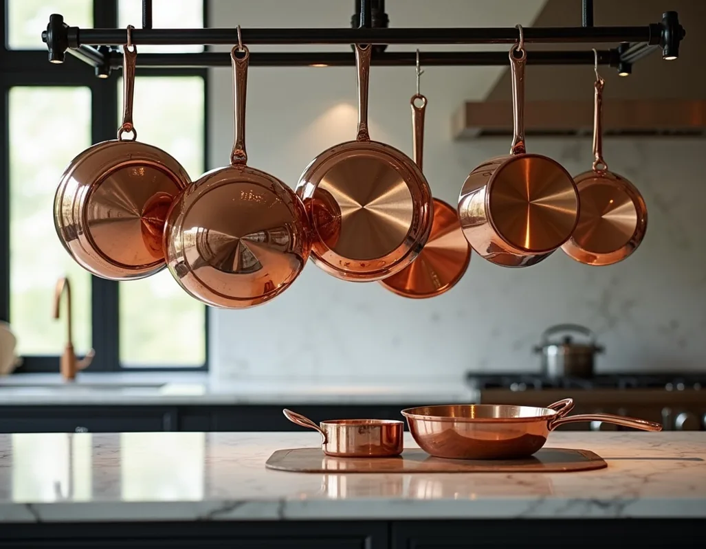 Atmospheric still life of polished copper pots hanging on a black iron rack above a marble kitchen island