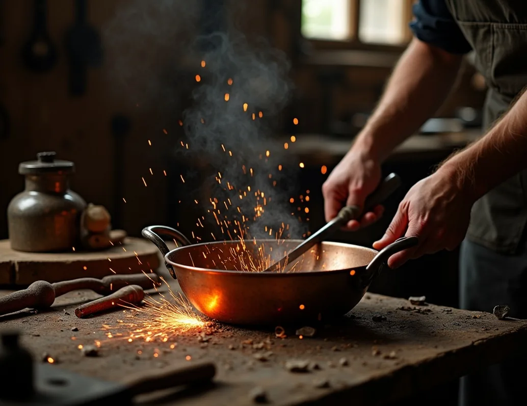 Artisan hands hammering a copper pan in a dim European workshop with sparks