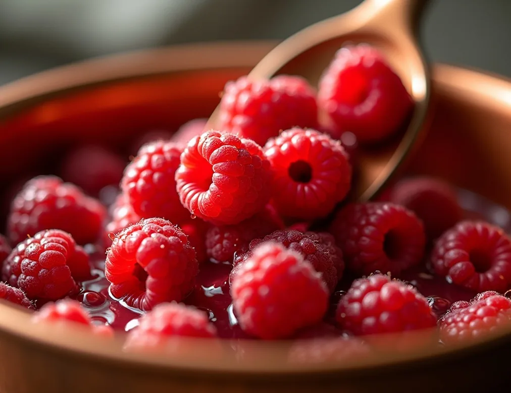 Fresh raspberries tumbling into a glowing unlined copper jam pan with droplets of juice