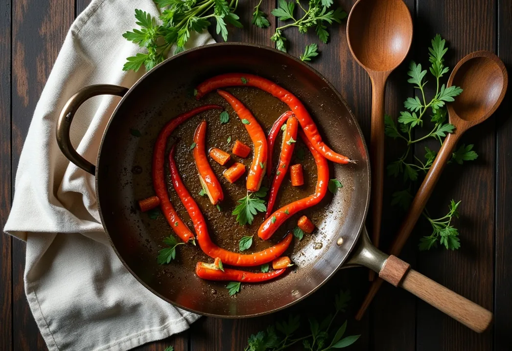 Overhead lifestyle flat lay of copper frying pan holding sizzling vegetables on a rustic dark wood table
