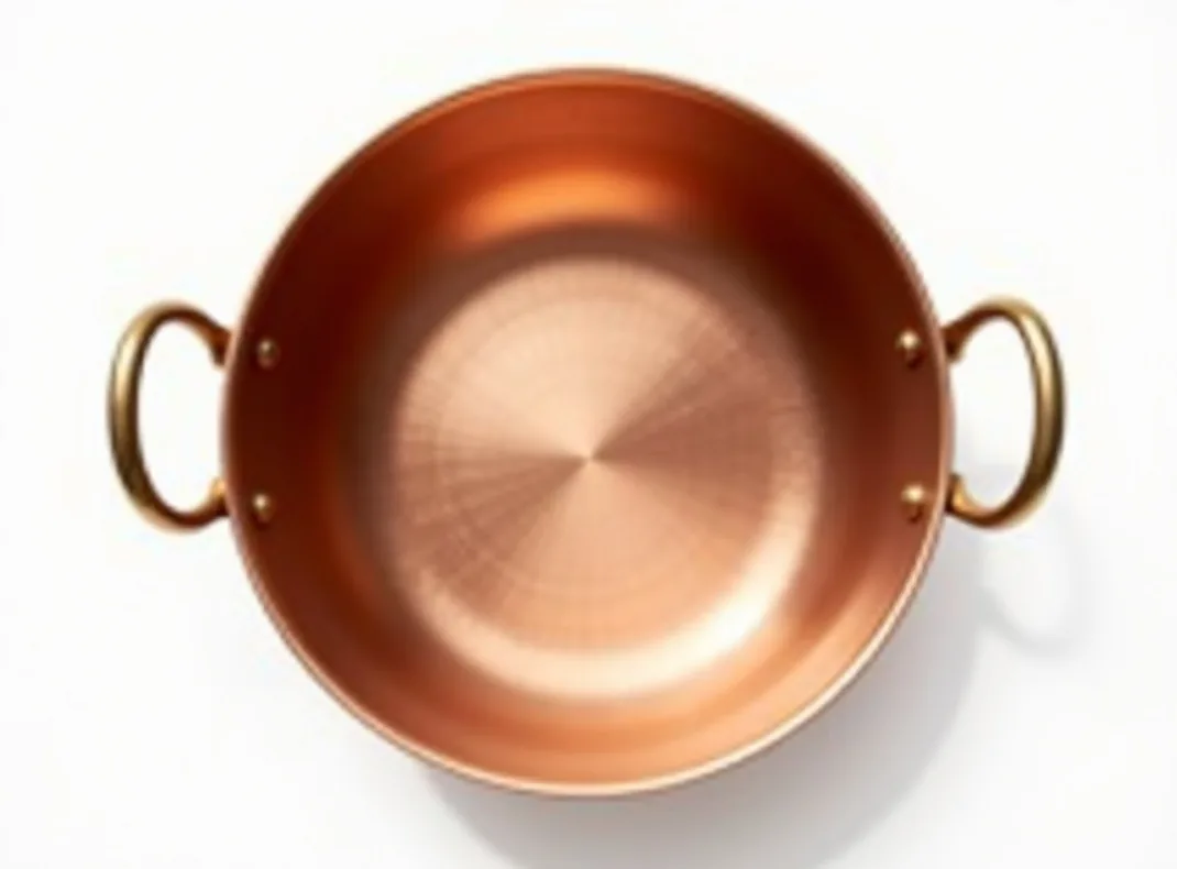 Soy unlined solid copper jam pan 38cm with two brass handles top down view
